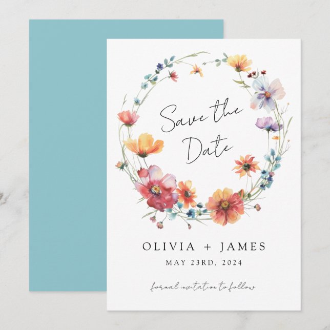 Elegante Wildblume Wreath Summer Wedding Save The Date (Vorne/Hinten)