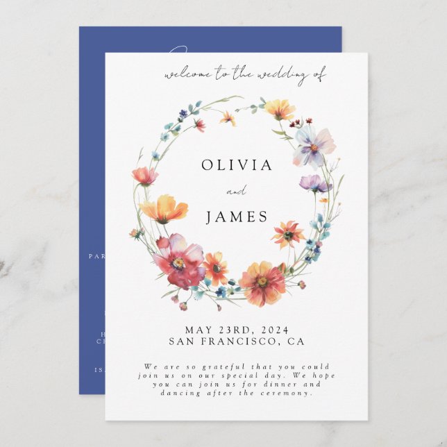 Elegante Wildblume Wreath Summer Wedding Willkomme Programm (Vorne/Hinten)