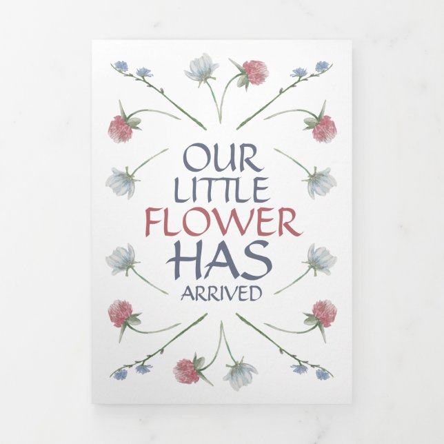 Elegante Wildblumen, 3 Foto Collage Baby Birth Dreifach Gefaltete Ankündigung (Cover)