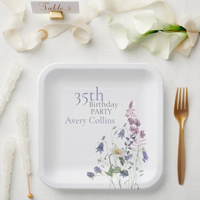 Elegante Wildblumen-Aquarell-Blumen zum 35. Geburt Pappteller (Hochzeit)