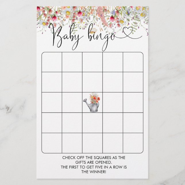 Elegante Wildblumen Baby Shower Bingo Game (Vorderseite)