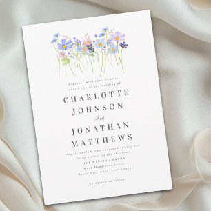 Elegante Wildblumen Blumen Hochzeit in Blau und Ro Einladung