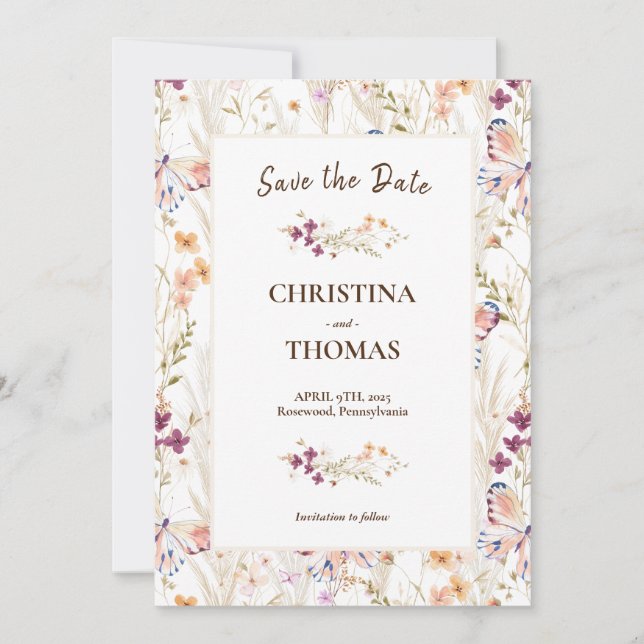 Elegante Wildblumen Boho Save the Date Einladung (Vorderseite)