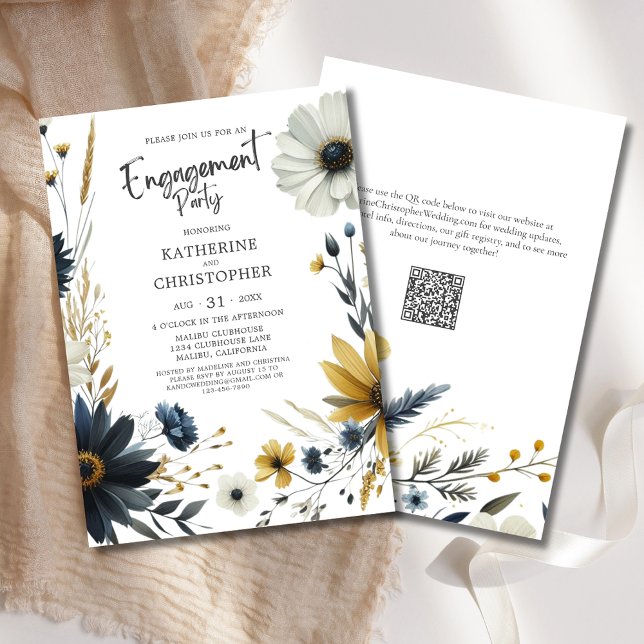 Elegante Wildblumen Engagement Partei Einladung (Watercolor Wildflowers Engagement Party Invitation with Blue & Yellow Wildflowers, modern typography)