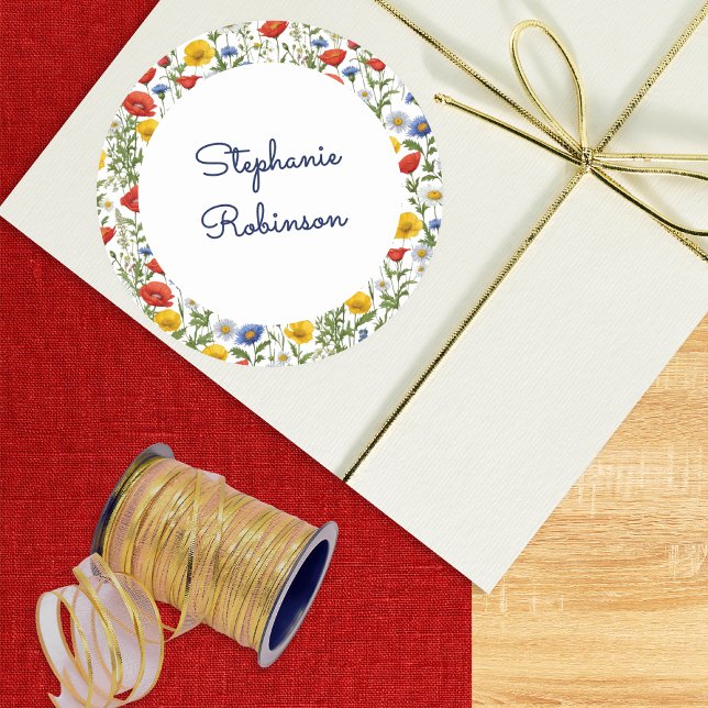 Elegante Wildblumen Farbenfrohe Blumenpracht Indiv Runder Aufkleber (A very pretty sticker to personalize with a name, with colorful wildflowers border design)