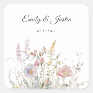 Elegante Wildblumen Floral Watercolor Weddin Quadratischer Aufkleber
