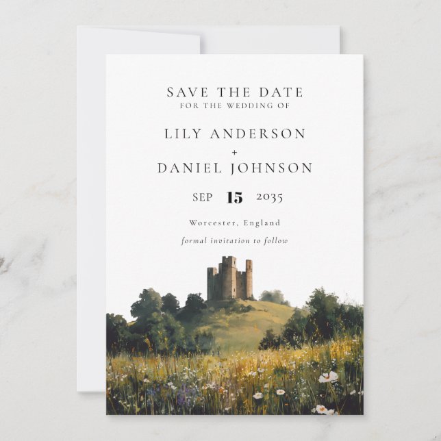 Elegante Wildblumen Florale Burg Hochzeit Save The Date (Vorderseite)