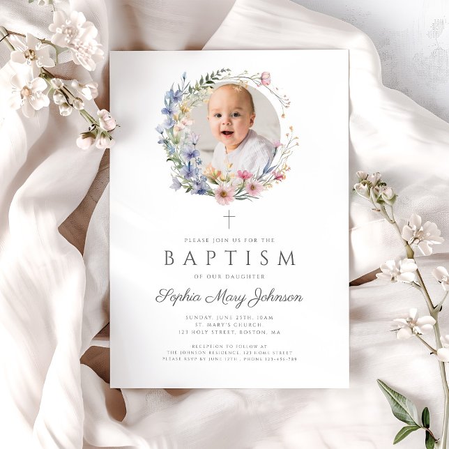 Elegante Wildblumen Foto Taufe Einladung (Elegant Floral Wildflowers Photo Baptism Invitation)