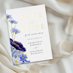 Elegante Wildblumen-Hochzeit Blue Save The Date Go Folie Einladungspostkarte