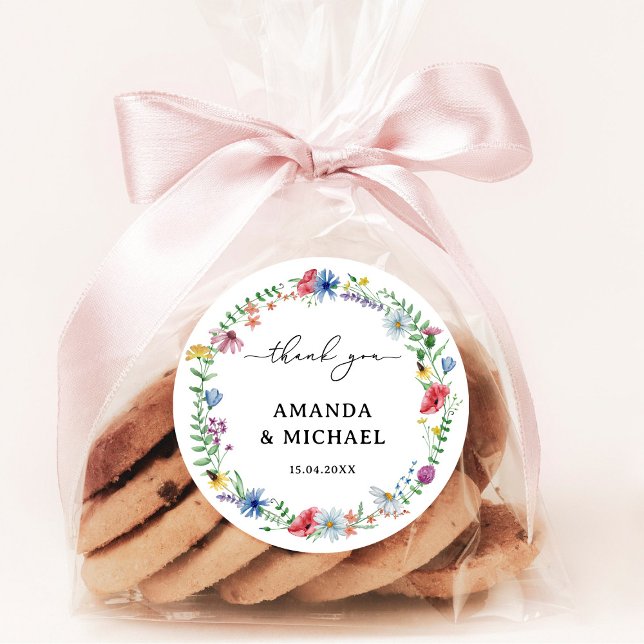Elegante Wildblumen Hochzeit Danke Runder Aufkleber (Von Creator hochgeladen)