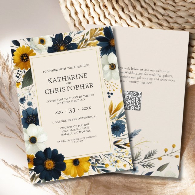 Elegante Wildblumen Hochzeit in Beige Einladung (Watercolor Floral Elegant Beige Wedding Invitation with Blue and Yellow Wildflowers, QR Code.)