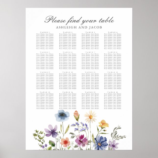 Elegante Wildblumen Hochzeit Sitzplan Poster (Vorne)