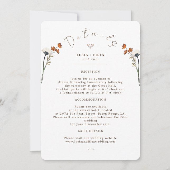Elegante Wildblumen Hochzeitkarte für Detail Einladung (Vorderseite)