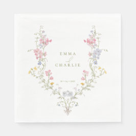 Elegante Wildblumen-Krone Grüne Schrift Hochzeit Serviette