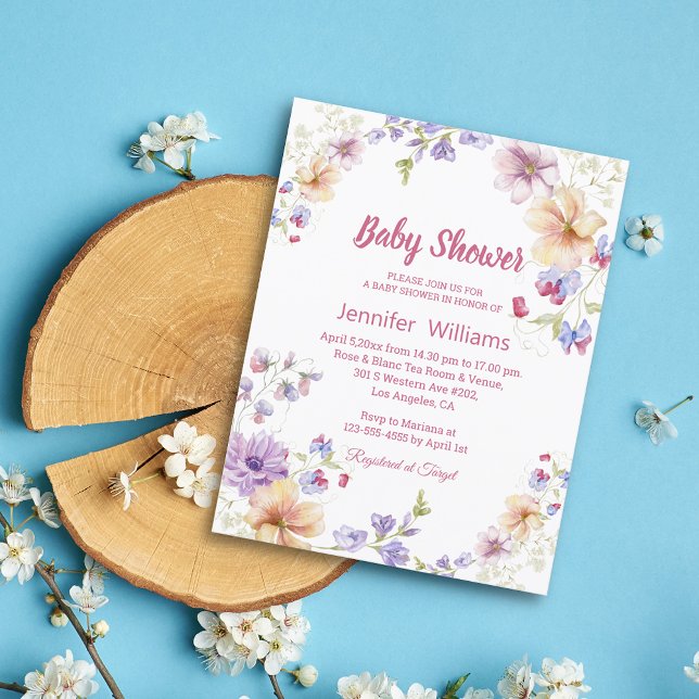 elegante Wildblumen Rosa Drehbuchschreiberin Babyd Einladung (Von Creator hochgeladen)