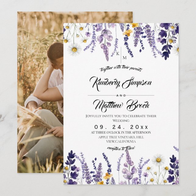 Elegante Wildblumen-Rustico-Hochzeit Einladung (Vorne/Hinten)