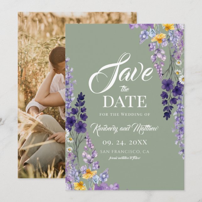 Elegante Wildblumen-Rustikal Sage-Hochzeit Save The Date (Vorne/Hinten)