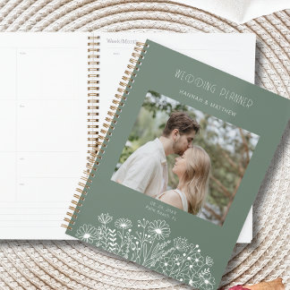 Elegante Wildblumen-Sage-Grün-Boho-Foto-Hochzeit Planer
