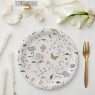 Elegante Wildblumen- & Schmetterlings-Toile-De-Jou Pappteller