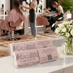 Elegante Wildblumen-Skizze Rosé Schwarz QR-Code  Visitenkarte