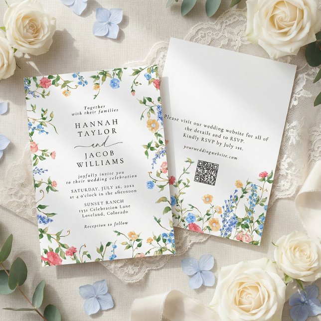 Elegante Wildblumen-Sommer-QR-Code-RSVP-Hochzeit Einladung (Von Creator hochgeladen)