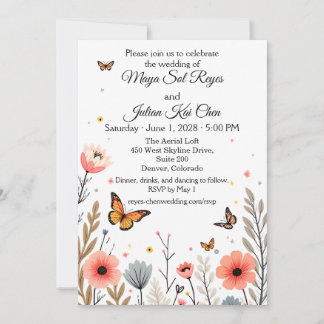 Elegante Wildblumen und Schmetterlinge Hochzeit Einladung