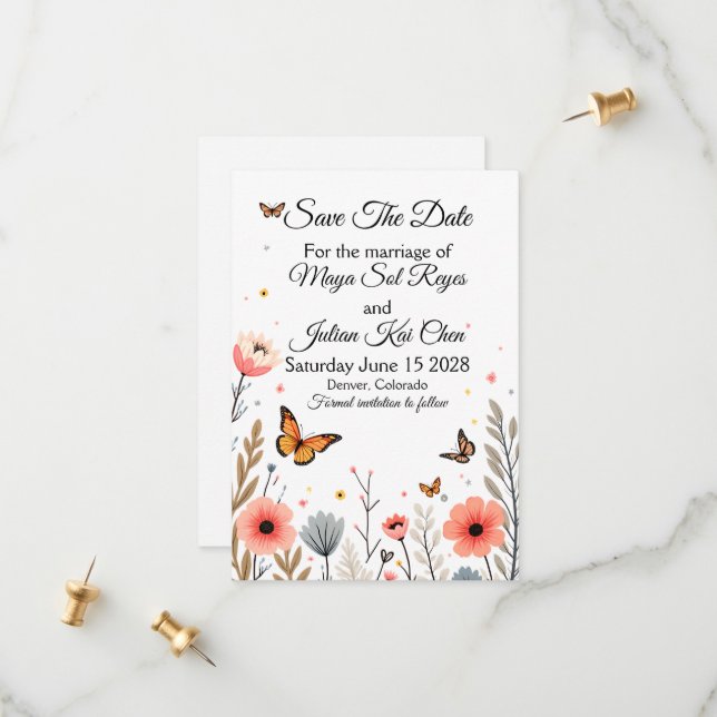 Elegante Wildblumen und Schmetterlinge Save The Da Date (Vorderseite/Rückseite Beispiel)