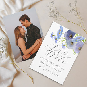 Elegante Wildblumenblaue Blumenfoto-Hochzeit Save The Date