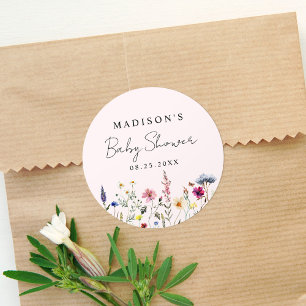 Elegante Wildblumenwiese Rosa Baby Shower Runder Aufkleber