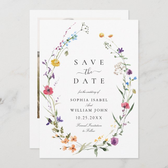 Elegante Wilde Blume Hochzeit Save The Date (Vorne/Hinten)