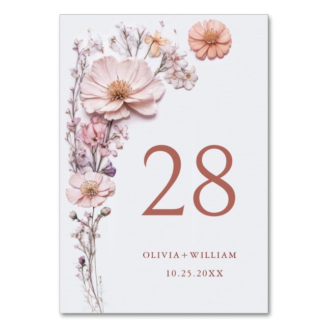 Elegante Wilde Blume Hochzeit Tischnummer (Vorderseite)