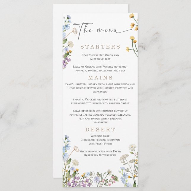 Elegante Wilflower Wedding Menu Menükarte (Vorne/Hinten)