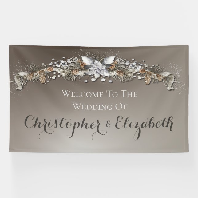 Elegante Willkommensfloral Silver Winter Wedding Banner (Horizontal)