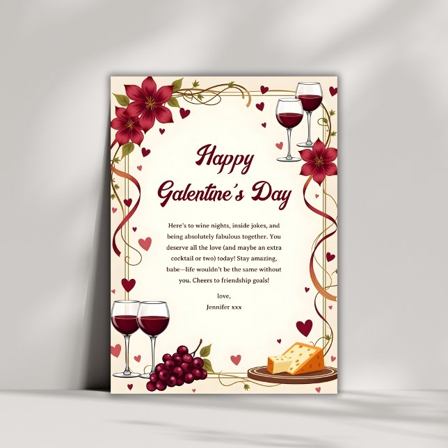 Elegante Wine & Cheese Feiertagskarte (Elegant Wine & Cheese Best Friends Galentine’s Day Holiday Card)