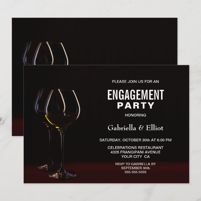 Elegante Wine Glass Engagement Party Einladung (Vorne/Hinten)
