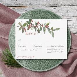 Elegante Winter Berries Red Green Watercolor RSVP Karte