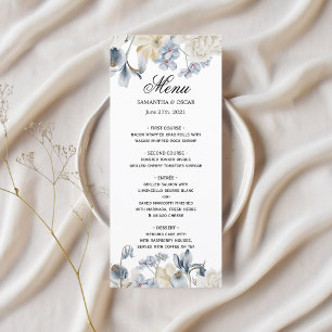 Elegante Winter Blau und Weiß Blume Menükarte
