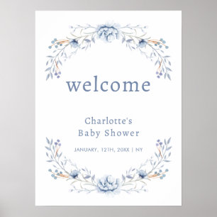 Elegante Winter Blue Floral Baby Dusche Willkommen Poster