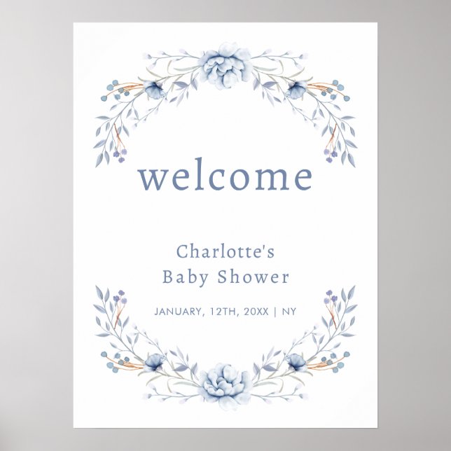 Elegante Winter Blue Floral Baby Dusche Willkommen Poster (Vorne)