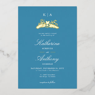 Elegante Winter Blue Gold Heart Monogramme Hochzei Folieneinladung