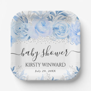 Elegante Winter-Blumen-Babyparty in Blau Pappteller