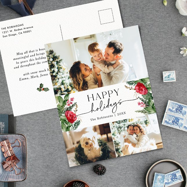 Elegante Winter Botanical 3 Foto Holiday Postkarte (Von Creator hochgeladen)