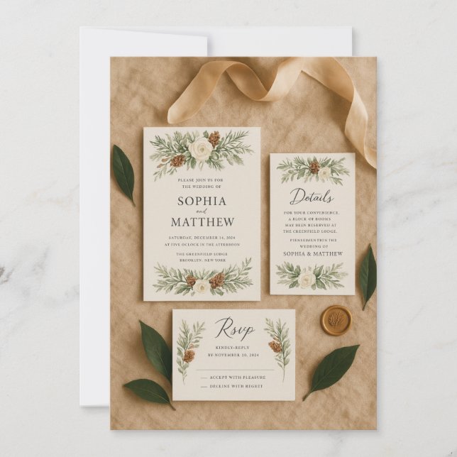 Elegante Winter Botanical Wedding Invitation Suite Einladung (Vorderseite)