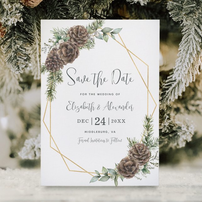Elegante Winter Botanische Pine Wedding Save The Date (Von Creator hochgeladen)
