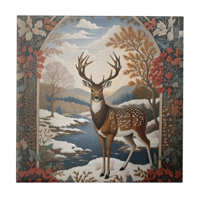 Elegante Winter Deer Winter Szene Fliese (Vorderseite)