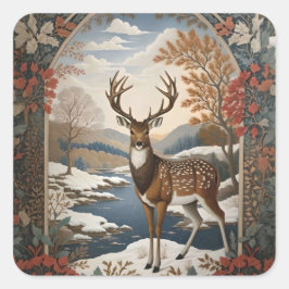 Elegante Winter Deer Winter Szene Quadratischer Aufkleber