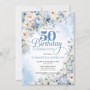 Elegante Winter Dusty Blue und Elfenbeinküste Blum Einladung