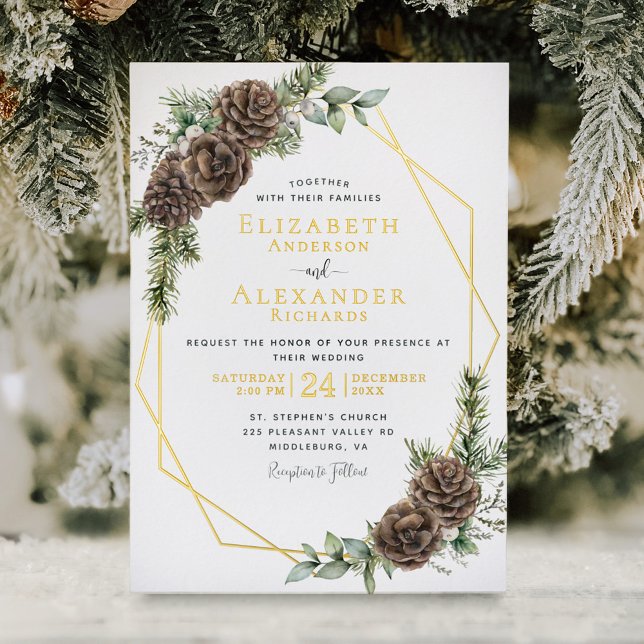 Elegante Winter Evergreen Wedding Gold Folieneinladung (Von Creator hochgeladen)