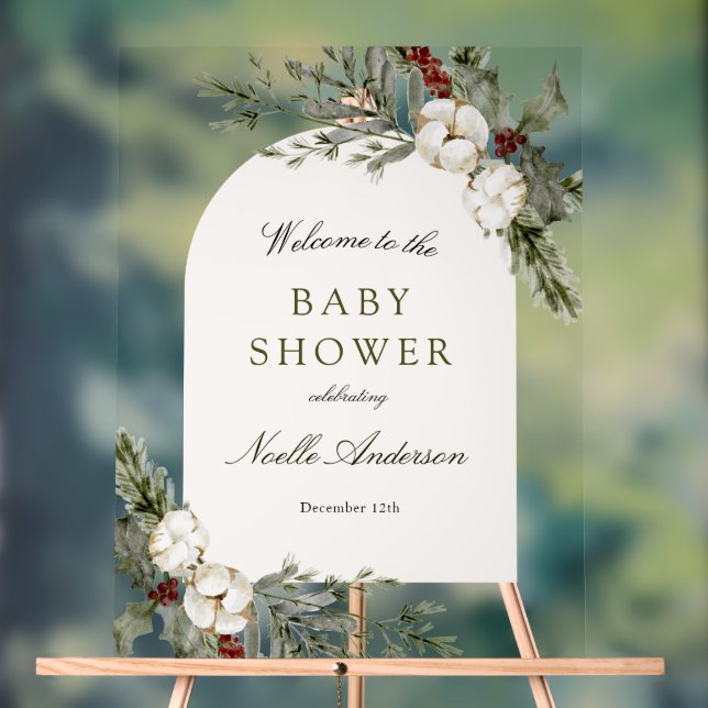 Elegante Winter Floral Arch Baby Dusche Willkommen Acrylschild (Neutral)