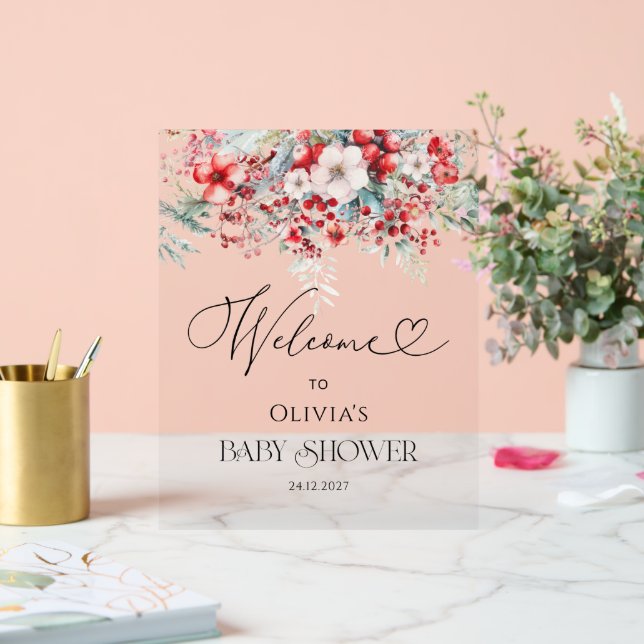 Elegante Winter Floral Baby Dusche Willkommen Acrylschild (Hochzeit)